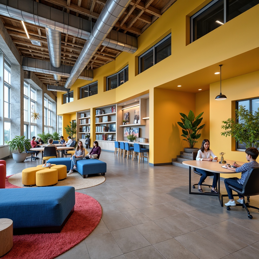 Prompt: Vibrant student lounge, bold color scheme, energetic atmosphere, warm yellow accents, deep blue furniture, rich wood tones, natural textures, modern minimalist decor, ample natural light, floor-to-ceiling windows, cozy reading nooks, collaborative study areas, eclectic art pieces, industrial-chic lighting fixtures, exposed ductwork, polished concrete floors, dynamic spatial layout, youthful vibe, relaxing ambiance, soft pastel hues, calming greenery, lively coral accents.