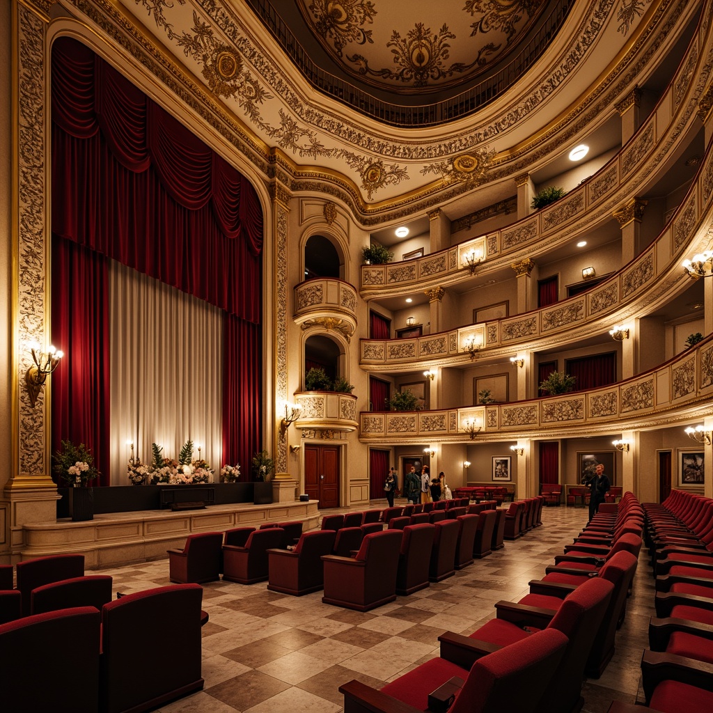 Prompt: Opulent theater interior, intricately carved ornate moldings, grand neoclassical style, rich velvet curtains, gilded details, majestic chandeliers, sweeping staircases, marble floors, ornamental columns, dramatic archways, lavish balconies, intricate plasterwork, soft warm lighting, shallow depth of field, 1/1 composition, realistic textures, ambient occlusion.