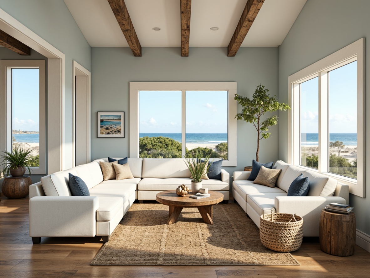 Prompt: Coastal living room, natural wood accents, woven sea grass rug, plush white sofa, driftwood coffee table, nautical rope details, ocean-inspired artwork, shell decorative accessories, light blue walls, creamy white trim, large windows, sliding glass doors, beachy views, sunny day, soft warm lighting, shallow depth of field, 3/4 composition, panoramic view, realistic textures, ambient occlusion.Let me know if this meets your requirements!