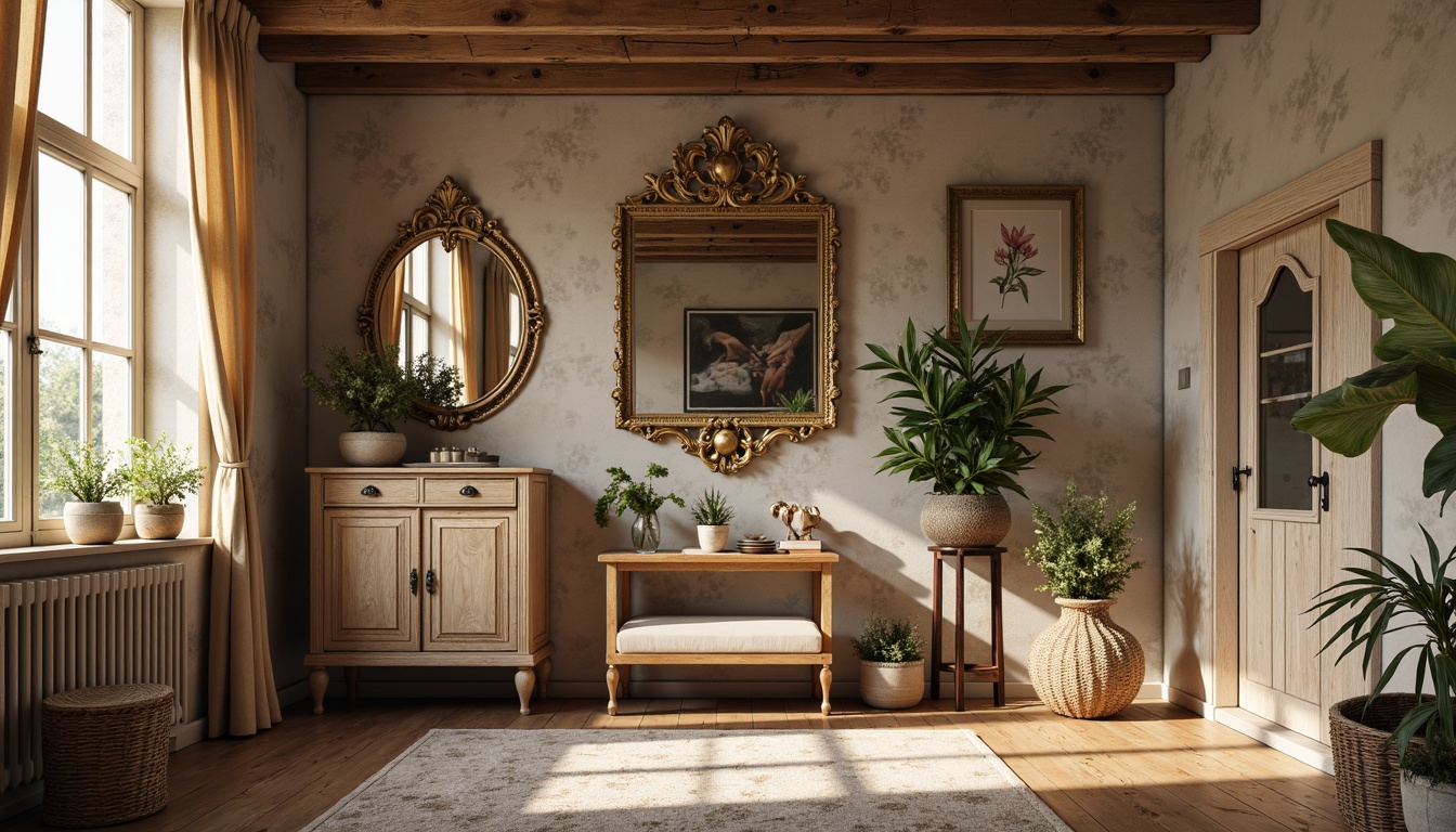 Prompt: Rustic stone walls, distressed wooden planks, soft earthy tones, warm beige hues, vintage ornate mirrors, elegant gilded frames, natural linen drapes, floral patterned fabrics, lace trimmings, antique furniture pieces, distressed finishes, weathered wood accents, subtle texture variations, soft diffused lighting, warm afternoon glow, 1/1 composition, intimate space, cozy atmosphere, realistic textures.