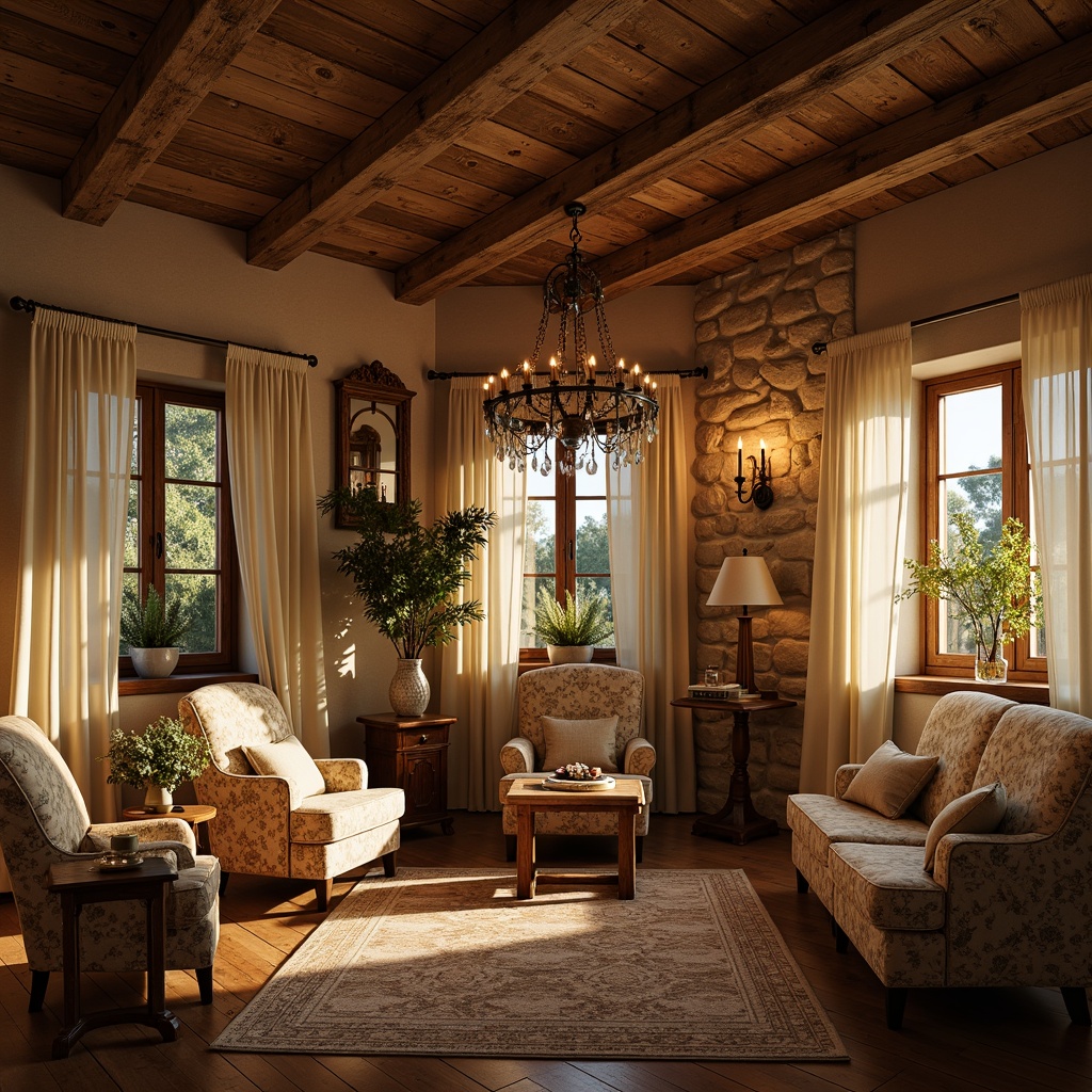 Prompt: Rustic French country style interior, warm golden lighting, soft candlelight, distressed wood beams, natural stone walls, vintage metal chandeliers, elegant crystal drops, creamy white curtains, floral patterned fabrics, plush area rugs, ornate furniture legs, carved wooden accents, warm beige color palette, intimate cozy atmosphere, subtle shadows, low-key lighting, 1/2 composition, soft focus, warm color tone.