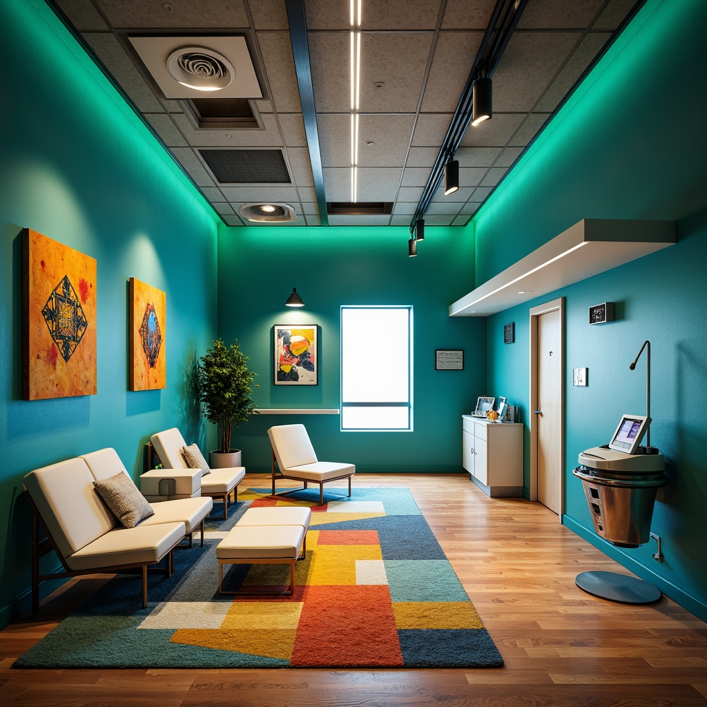 Prompt: Dramatic clinic interior, bold expressionist architecture, vibrant blue-green accent walls, sleek metal fixtures, futuristic medical equipment, minimalist waiting area, comfortable seating, warm wooden flooring, indirect ambient lighting, softbox lights, LED strips, colorful abstract art pieces, geometric patterned rugs, asymmetrical layout, 3/4 composition, shallow depth of field, realistic textures, ambient occlusion.