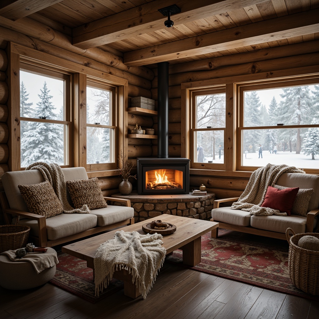 Prompt: Cozy cabin, wooden accents, plush throw blankets, woven baskets, rustic furniture, earthy tones, natural fabrics, cable-knit sweaters, warm beige walls, crackling fireplace, snowflakes falling, frosty windows, softbox lighting, shallow depth of field, 1/2 composition, intimate atmosphere, realistic textures, ambient occlusion.