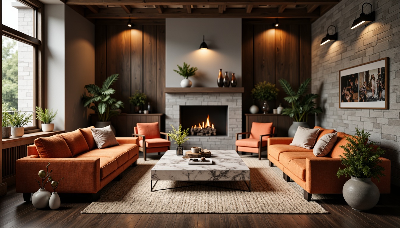 Prompt: Luxurious living room, velvet sofas, marble coffee tables, wooden floorboards, woven rugs, natural stone fireplaces, metallic accents, industrial chic lighting fixtures, reclaimed wood walls, soft warm ambiance, cozy atmosphere, shallow depth of field, 1/1 composition, realistic textures, ambient occlusion.