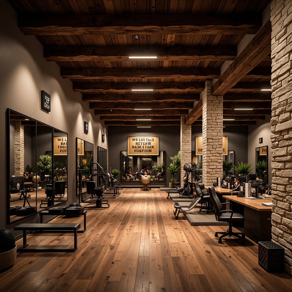 Prompt: Traditional home gym, dark wood flooring, rich brown color tone, hardwood texture, athletic equipment, free weights, exercise machines, mirrors, motivational quotes, natural stone accents, rustic wooden beams, warm ambient lighting, 1/1 composition, shallow depth of field, realistic reflections, soft warm colors.