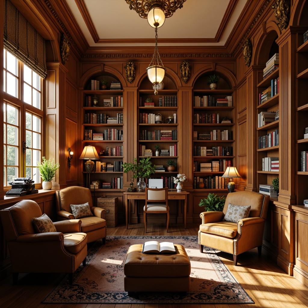 Prompt: Cozy reading nooks, plush armchairs, wooden bookshelves, classic literary works, warm golden lighting, rich leather upholstery, ornate wooden trim, intricate carvings, soft cream-colored walls, elegant chandeliers, vintage typewriters, rustic wooden floors, comfortable Ottomans, sophisticated color palette, subtle textures, shallow depth of field, 2/3 composition, intimate atmosphere, warm inviting ambiance.