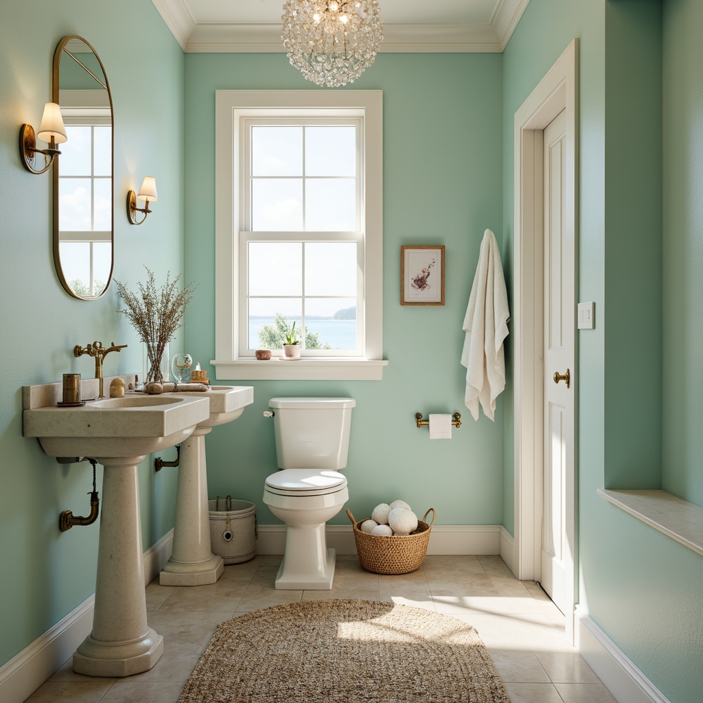 Prompt: Soft, serene coastal powder room, delicate seashells, gentle ocean breeze, calming turquoise walls, creamy white trim, elegant crystal chandelier, plush area rug, woven sea grass pattern, natural stone countertops, minimalist mirror, soft warm lighting, shallow depth of field, 1/1 composition, realistic textures, ambient occlusion.