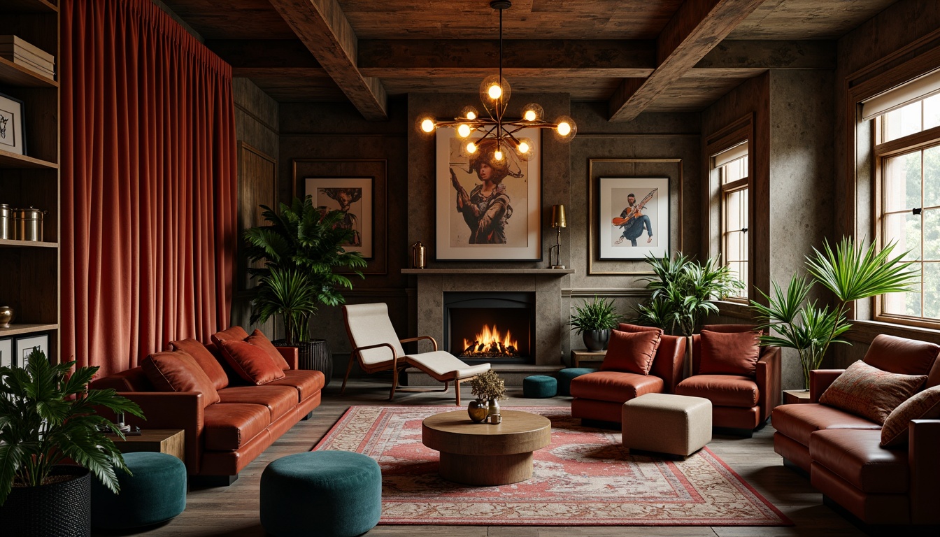 Prompt: Rich wood tones, luxurious velvet fabrics, metallic accents, warm golden lighting, sophisticated neutrals, deep blues, emerald greens, rich reds, bronze fixtures, leather upholstery, reclaimed wood shelves, industrial-chic decor, dimmable pendant lights, intimate cozy atmosphere, 3/4 composition, shallow depth of field, realistic textures, ambient occlusion.