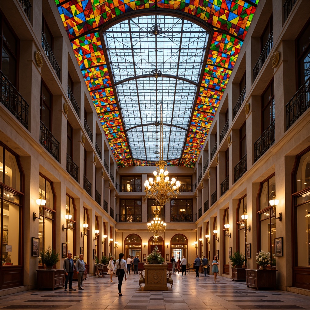 Prompt: Vibrant stained glass ceiling, colorful geometric patterns, warm ambient lighting, elegant government building, grand atrium, ornate chandeliers, polished marble floors, luxurious furnishings, stately columns, intricate architectural details, soft natural light, dramatic color contrasts, 1/1 composition, realistic textures, ambient occlusion.