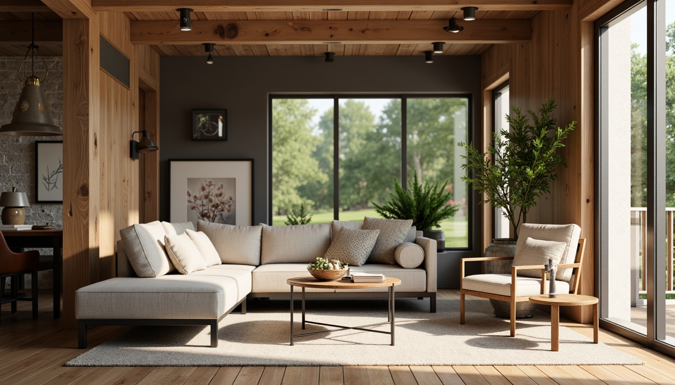 Prompt: Cozy living room, mid-century modern sofa, minimalist coffee table, industrial metal legs, warm wooden flooring, natural stone walls, greenery accents, floor-to-ceiling windows, soft diffused lighting, shallow depth of field, 3/4 composition, realistic textures, ambient occlusion.