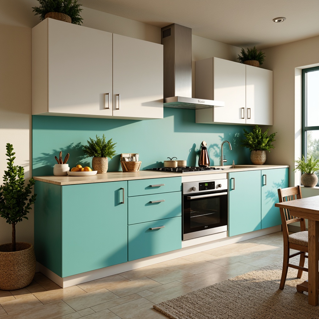 Prompt: Vibrant turquoise accents, sleek modern appliances, minimalist white cabinets, polished chrome hardware, soft warm lighting, rustic wood flooring, creamy beige walls, lush greenery, natural textiles, woven baskets, geometric patterns, 1/1 composition, shallow depth of field, realistic reflections.