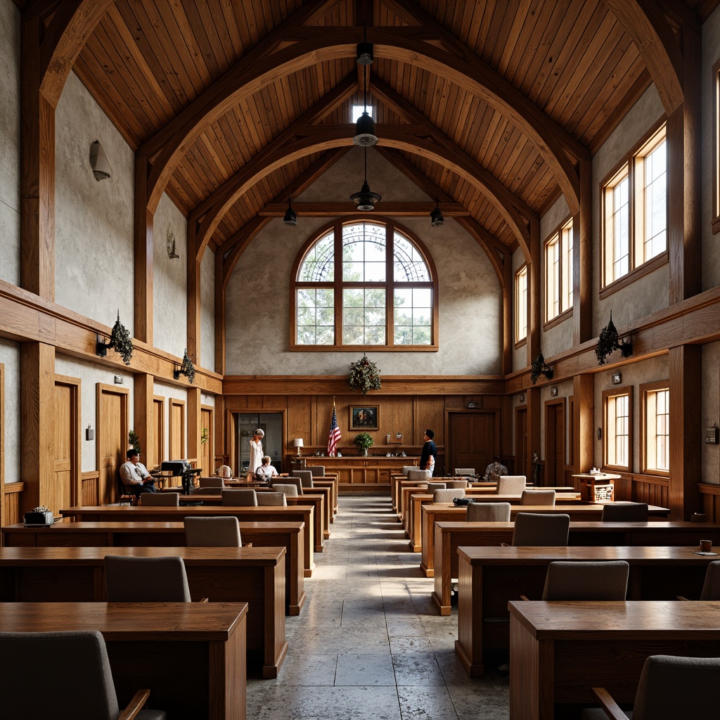 Prompt: Rustic courthouse, exposed wooden beams, earthy color palette, natural stone walls, stained glass windows, ornate metal fixtures, vintage courtroom furniture, warm ambient lighting, soft diffused daylight, clerestory windows, high ceilings, symmetrical composition, 1/1 aspect ratio, shallow depth of field, realistic wood textures, subtle shadows, afternoon sunlight, warm golden hour, gentle color grading.