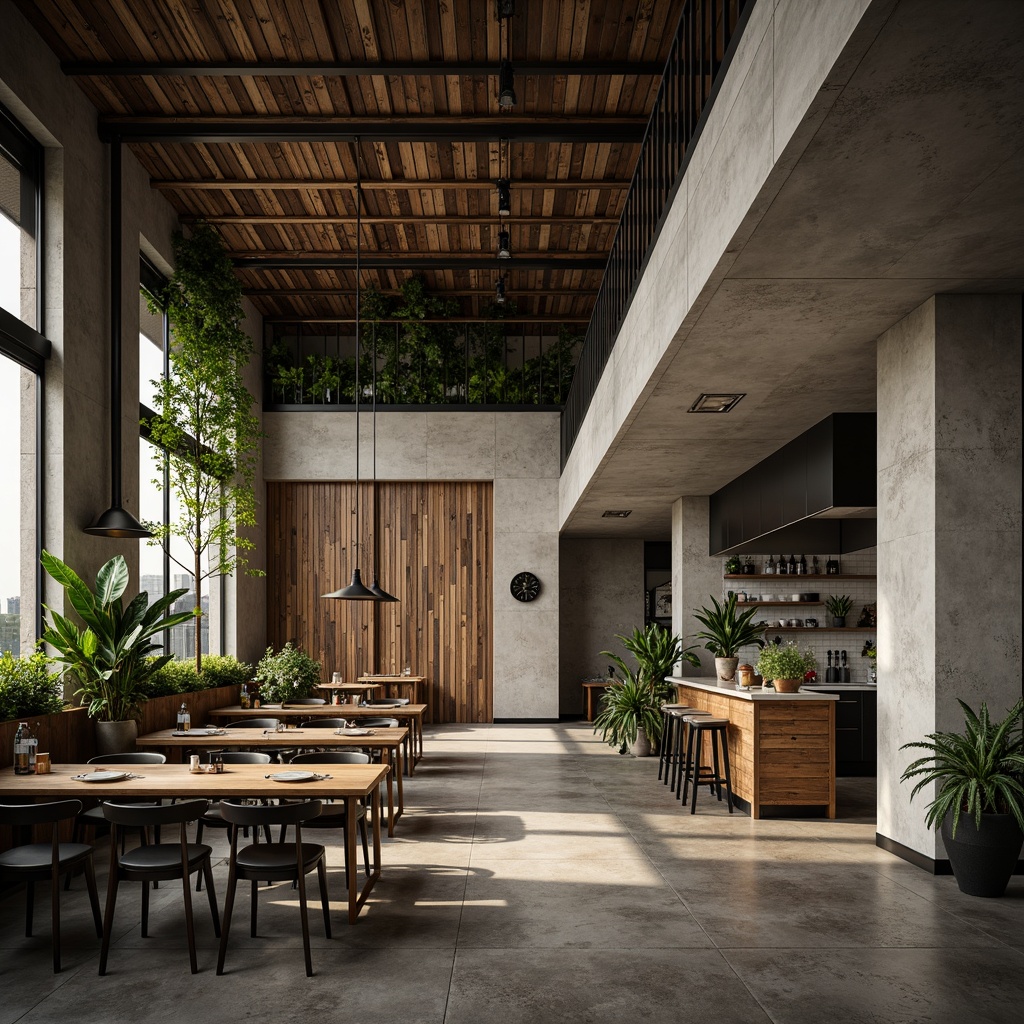 Prompt: Exposed concrete walls, industrial steel beams, reclaimed wood accents, minimalist decor, brutalist architecture, open kitchen layout, communal dining tables, metal pendant lights, natural stone flooring, greenery installations, urban jungle atmosphere, warm atmospheric lighting, shallow depth of field, 2/3 composition, cinematic view, realistic textures, ambient occlusion.