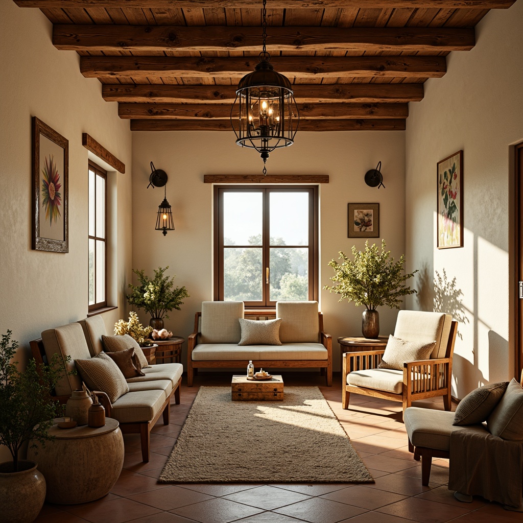 Prompt: Rustic French country interior, warm golden lighting, distressed wood beams, soft candle glow, vintage metal lanterns, elegant crystal chandeliers, creamy white walls, earthy terracotta floors, natural linen fabrics, floral patterns, cozy window nooks, morning sunlight, ambient shadows, 1/2 composition, shallow depth of field, soft focus, warm color palette.