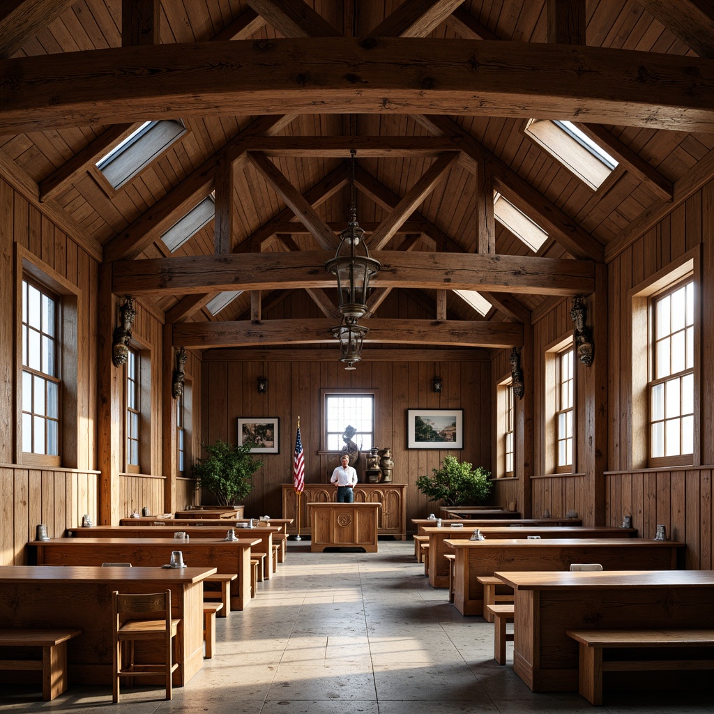 Prompt: Rustic courthouse, wooden accents, exposed beams, distressed finishes, ornate carvings, traditional craftsmanship, earthy color palette, natural wood tones, stone foundations, steeply pitched roofs, decorative trusses, rich wood textures, warm lighting, cozy atmosphere, 1/1 composition, shallow depth of field, soft focus, realistic rendering.