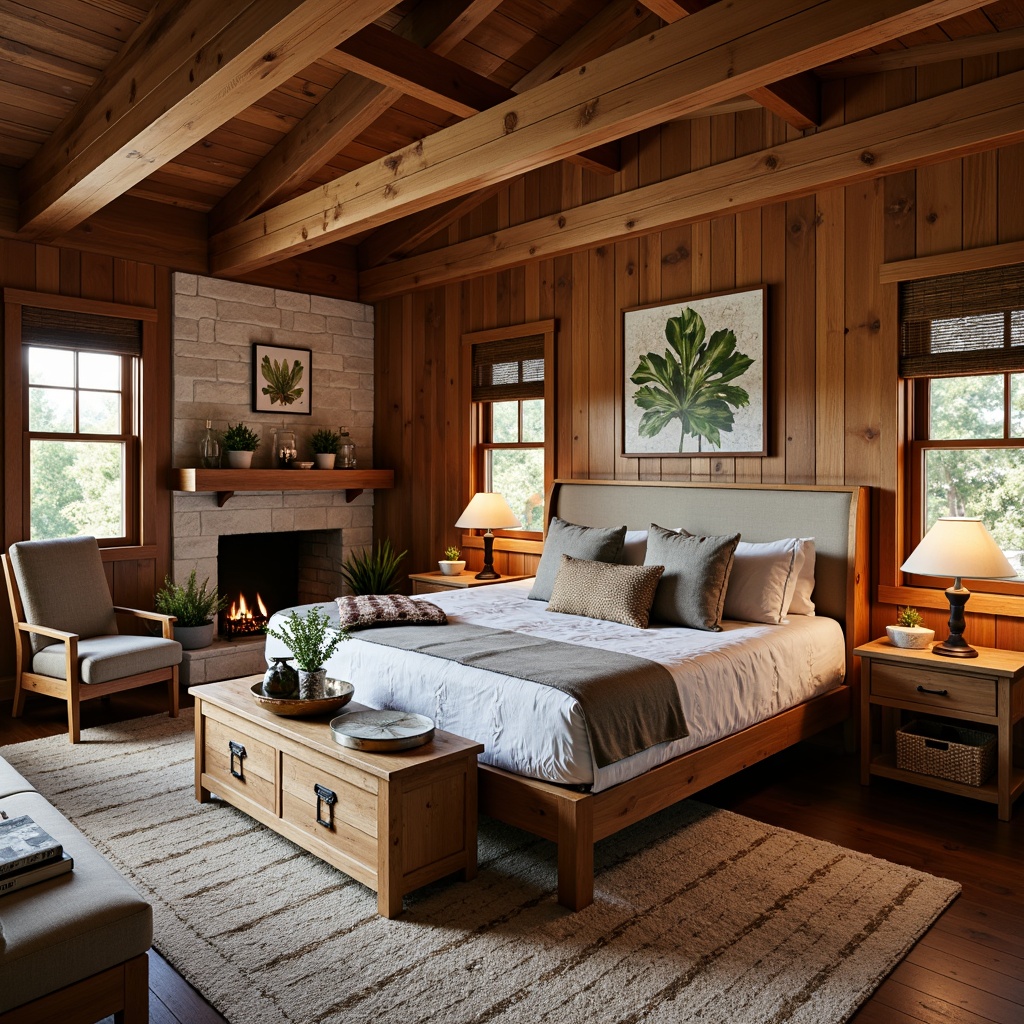 Prompt: Cozy Craftsman bedroom, rich wood tones, wooden furniture pieces, handcrafted wooden accents, exposed beam ceiling, natural stone fireplace, plush area rug, earthy color palette, warm soft lighting, rustic metal fixtures, wooden shutters, distressed wood textures, vintage decorative items, nature-inspired patterns, botanical prints, wooden wall paneling, reclaimed wood headboard, wooden chest drawers, woven basket storage.