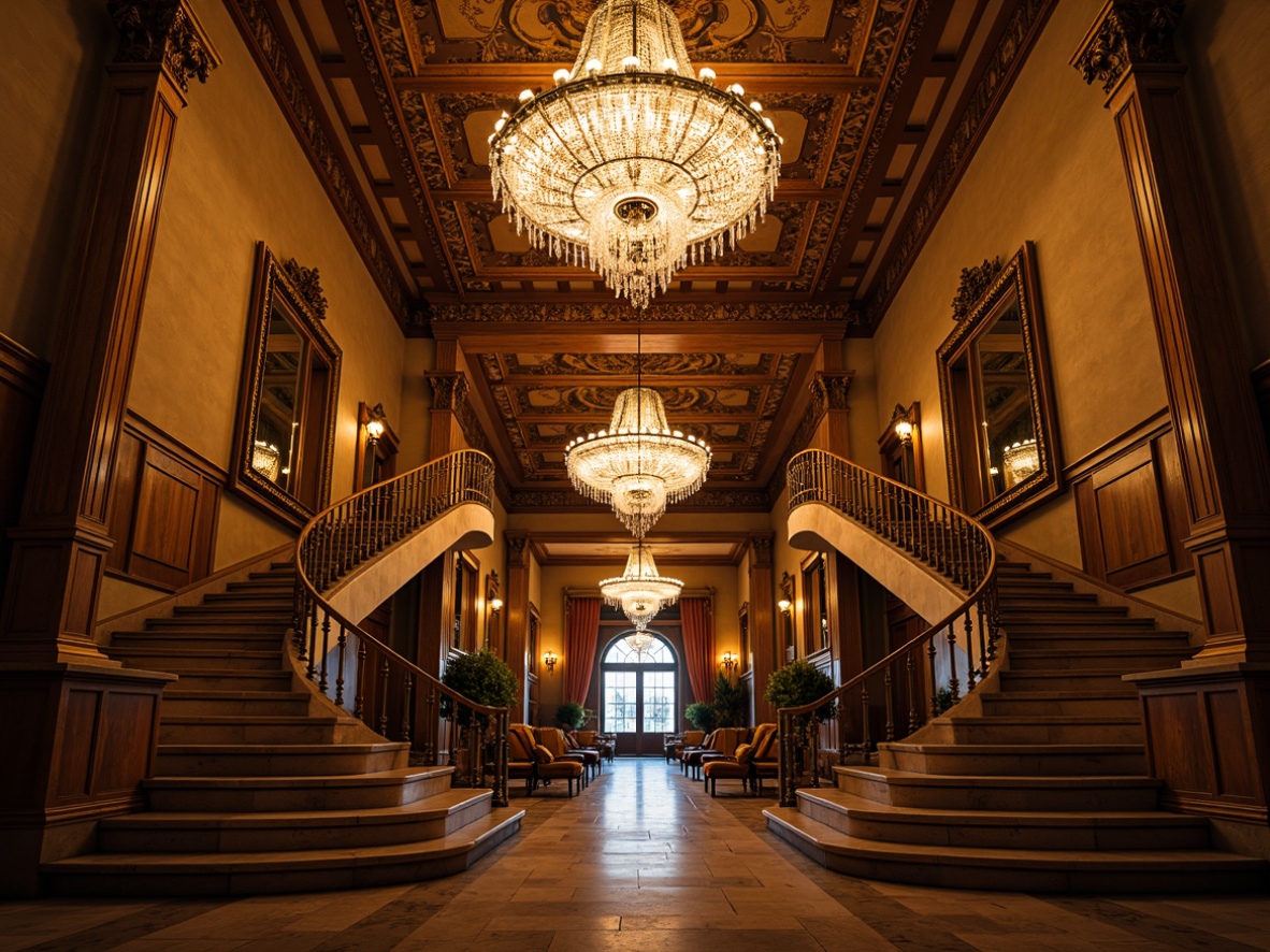 Prompt: Ornate chandeliers, crystal droplets, golden accents, intricate metalwork, lavish furnishings, grandiose staircases, opulent drapery, rich wood tones, marble columns, ornamental mirrors, majestic archways, dramatic cove lighting, warm soft illumination, ambient glow, 1/2 composition, low-angle shot, cinematic atmosphere, detailed textures, realistic reflections.