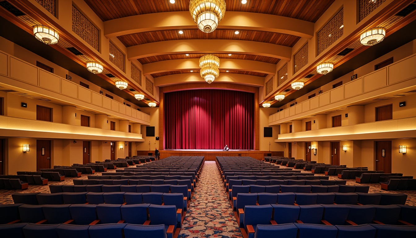 Prompt: Vibrant auditorium interior, rich wood tones, warm beige walls, deep blue seats, golden lighting fixtures, intricate acoustic paneling, modern curved architecture, spacious high ceiling, dramatic stage lighting, crimson red velvet curtains, ornate chandeliers, luxurious carpeted floors, intimate setting, soft warm glow, shallow depth of field, 1/1 composition, realistic textures, ambient occlusion.