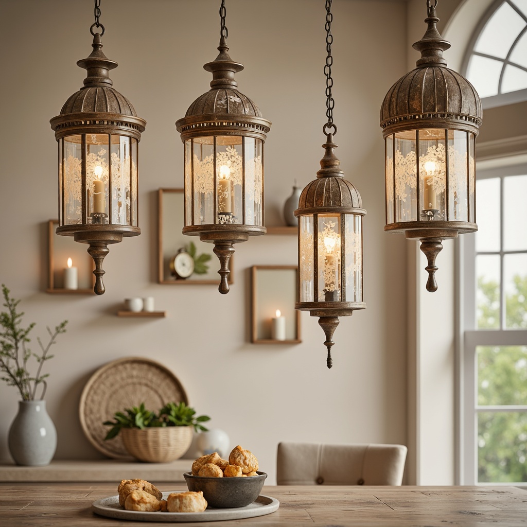 Prompt: Distressed wooden chandeliers, vintage metal lanterns, ornate glass pendant lights, rustic candle sconces, soft warm glow, creamy whites, pastel hues, floral patterns, lace details, distressed finishes, antique bronze fixtures, crystal drops, beaded fringe, whimsical designs, ornate carvings, warm beige tones, cozy ambiance, inviting atmosphere, relaxed elegance.