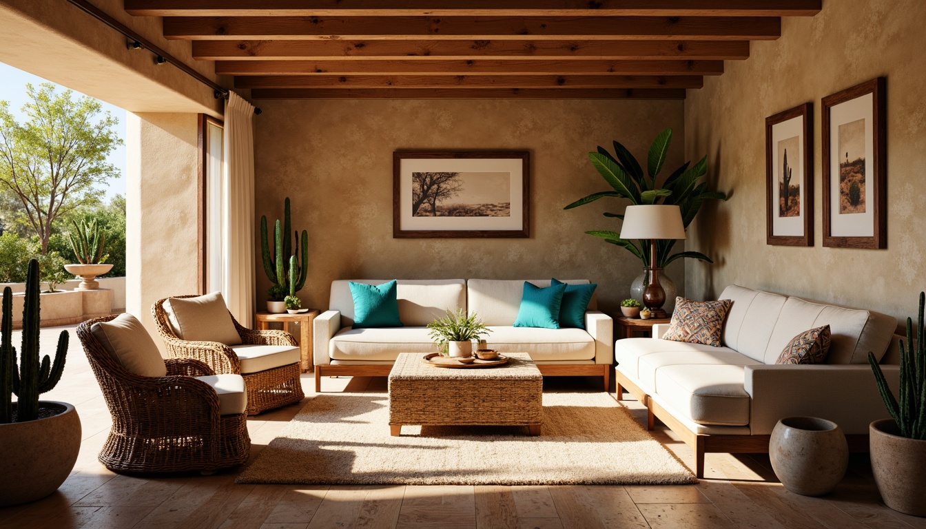 Prompt: Southwestern-style living room, earthy tone walls, rustic wooden floors, vibrant turquoise accents, plush sectional sofas, woven wicker armchairs, natural fiber rugs, geometric patterned throw pillows, desert-inspired artwork, potted cacti plants, warm golden lighting, 1/1 composition, shallow depth of field, realistic textures, ambient occlusion.