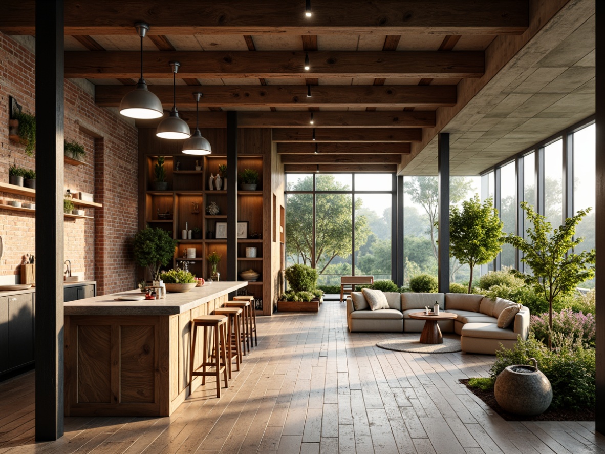 Prompt: Weathered wood accents, industrial metal beams, exposed brick walls, reclaimed wooden floors, natural stone countertops, earthy color palette, organic shapes, curved lines, minimalist decor, abundant greenery, floor-to-ceiling windows, warm soft lighting, cozy atmosphere, 1/1 composition, shallow depth of field, realistic textures, ambient occlusion.