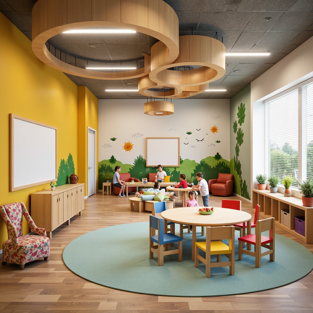 Prompt: Vibrant kindergarten interior, playful color scheme, ergonomic chairs, modular tables, interactive whiteboards, soft cushioned flooring, natural wood accents, circular reading nooks, cozy corner libraries, whimsical lighting fixtures, educational wall graphics, kid-friendly storage bins, eco-friendly materials, sustainable design elements, minimalist shelving units, rounded edge furniture, pastel-colored rugs, gentle curves, 1/1 composition, warm and inviting atmosphere, soft focus blur, realistic textures.