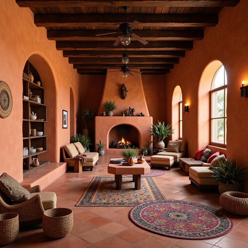 Prompt: Vibrant southwestern interior, earthy tones, terracotta floors, adobe-inspired walls, wooden ceiling beams, rustic wooden furniture, woven textiles, colorful patterned rugs, geometric-shaped pottery, natural stone fireplaces, kiva-style seating areas, wrought iron light fixtures, warm candlelight, shallow depth of field, 1/1 composition, intimate atmosphere, soft warm colors, realistic textures, ambient occlusion.