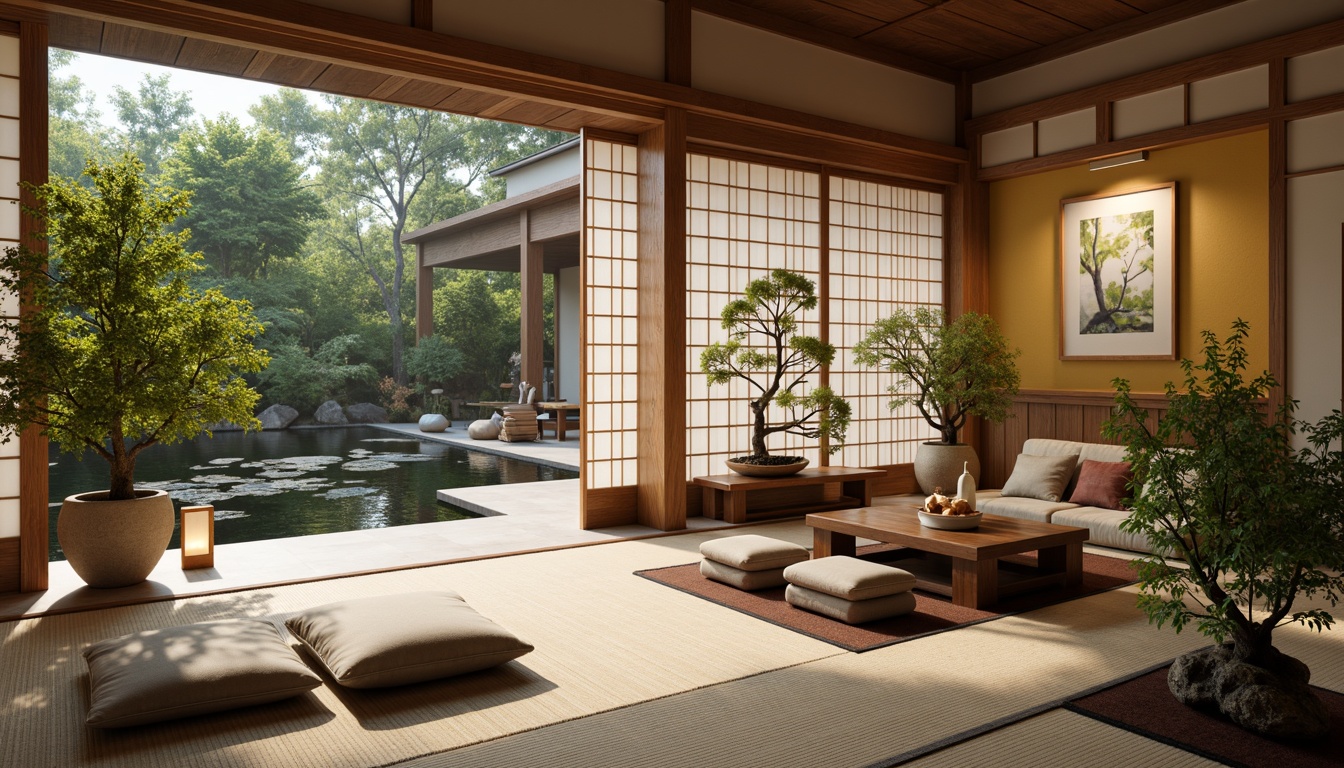 Prompt: Traditional Japanese tatami flooring, shoji screens, natural wood accents, serene water features, bonsai trees, paper lanterns, warm soft lighting, cozy seating areas, calming colors, minimal decor, cultural artwork, subtle patterns, peaceful ambiance, natural materials, organic forms, gentle curves, soothing colors, 3/4 composition, shallow depth of field, realistic textures, ambient occlusion.