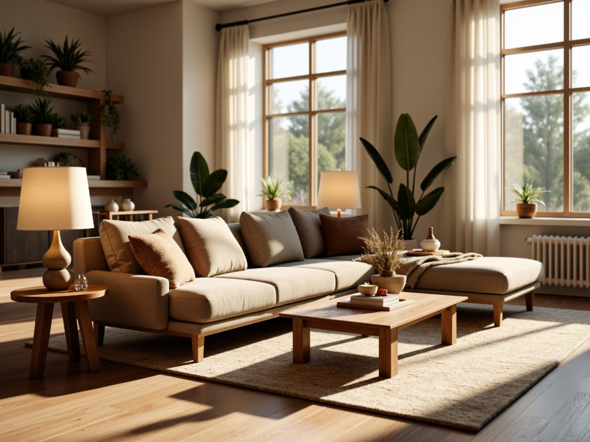 Prompt: Cozy living room, plush velvet sofa, soft silk throw pillows, warm beige carpeting, natural wood coffee table, modern minimalist decor, bright floor lamps, large windows, sunny afternoon, gentle warm lighting, shallow depth of field, 3/4 composition, realistic textures, ambient occlusion.