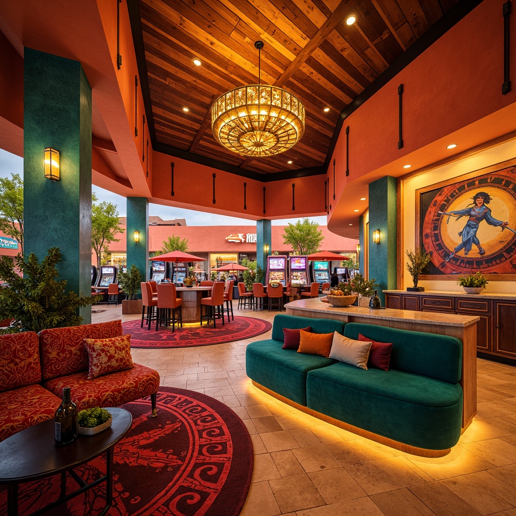 Prompt: Vibrant southwestern casino, turquoise accents, warm terracotta walls, rich sienna furniture, luxurious golden lighting, bold red patterns, rustic wooden textures, ornate metal details, lively Native American-inspired artwork, dramatic sunset hues, warm beige stone floors, plush emerald green upholstery, flashy neon signs, dazzling chandeliers, 3/4 composition, low-angle shot, cinematic color grading, realistic ambient occlusion.