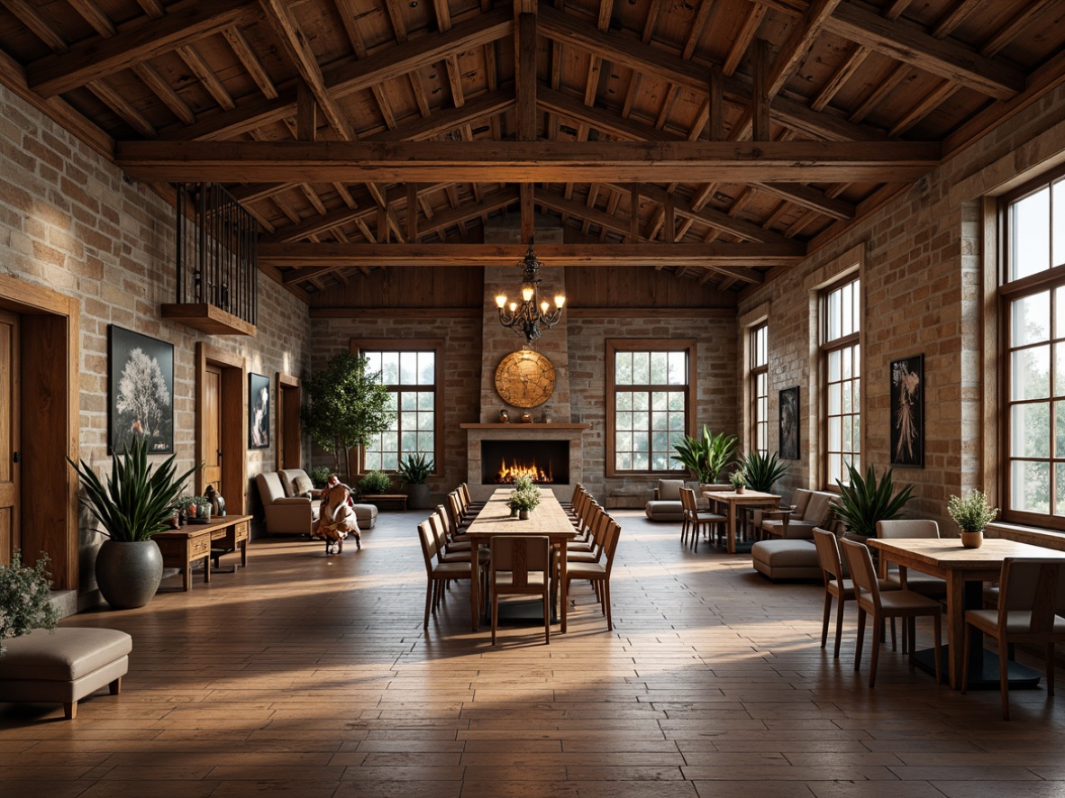 Prompt: Rustic steel-framed building, exposed beams, distressed wood accents, industrial metal frames, earthy color palette, natural stone walls, wooden plank flooring, metal roof trusses, vintage decorative lighting, cozy atmosphere, warm softbox lighting, shallow depth of field, 1/1 composition, realistic textures, ambient occlusion.