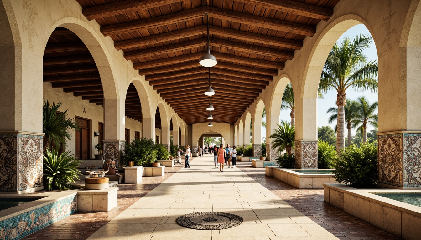 Prompt: Warm Mediterranean bus station, curved arches, ornate tile work, natural stone walls, rustic wooden beams, vibrant turquoise accents, lush greenery, palm trees, sunny day, soft warm lighting, shallow depth of field, 3/4 composition, panoramic view, realistic textures, ambient occlusion, intricately patterned mosaics, glazed ceramic tiles, wrought iron details, ornamental fountains, spacious waiting areas, modern signage, comfortable seating, natural ventilation systems.