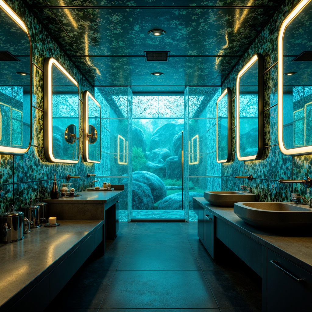 Prompt: Futuristic bathroom, neon-lit ambiance, iridescent glass tiles, metallic accents, holographic patterns, LED lighting, sleek countertops, minimalist faucets, curved mirrors, high-gloss finishes, matte black floors, gleaming chrome fixtures, atmospheric misting system, soft blue-green color scheme, ambient glow, shallow depth of field, 1/2 composition, cinematic lighting, realistic reflections, detailed textures.