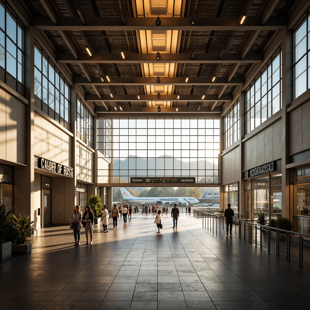 Prompt: Airy airport terminal, high ceilings, minimal ornamentation, sleek lines, industrial chic, polished metal accents, warm neutral tones, softbox lighting, LED strips, backlit signage, natural stone floors, glass railings, spacious walkways, bustling atmosphere, morning sunlight, gentle warm glow, shallow depth of field, 1/2 composition, realistic reflections, ambient occlusion.