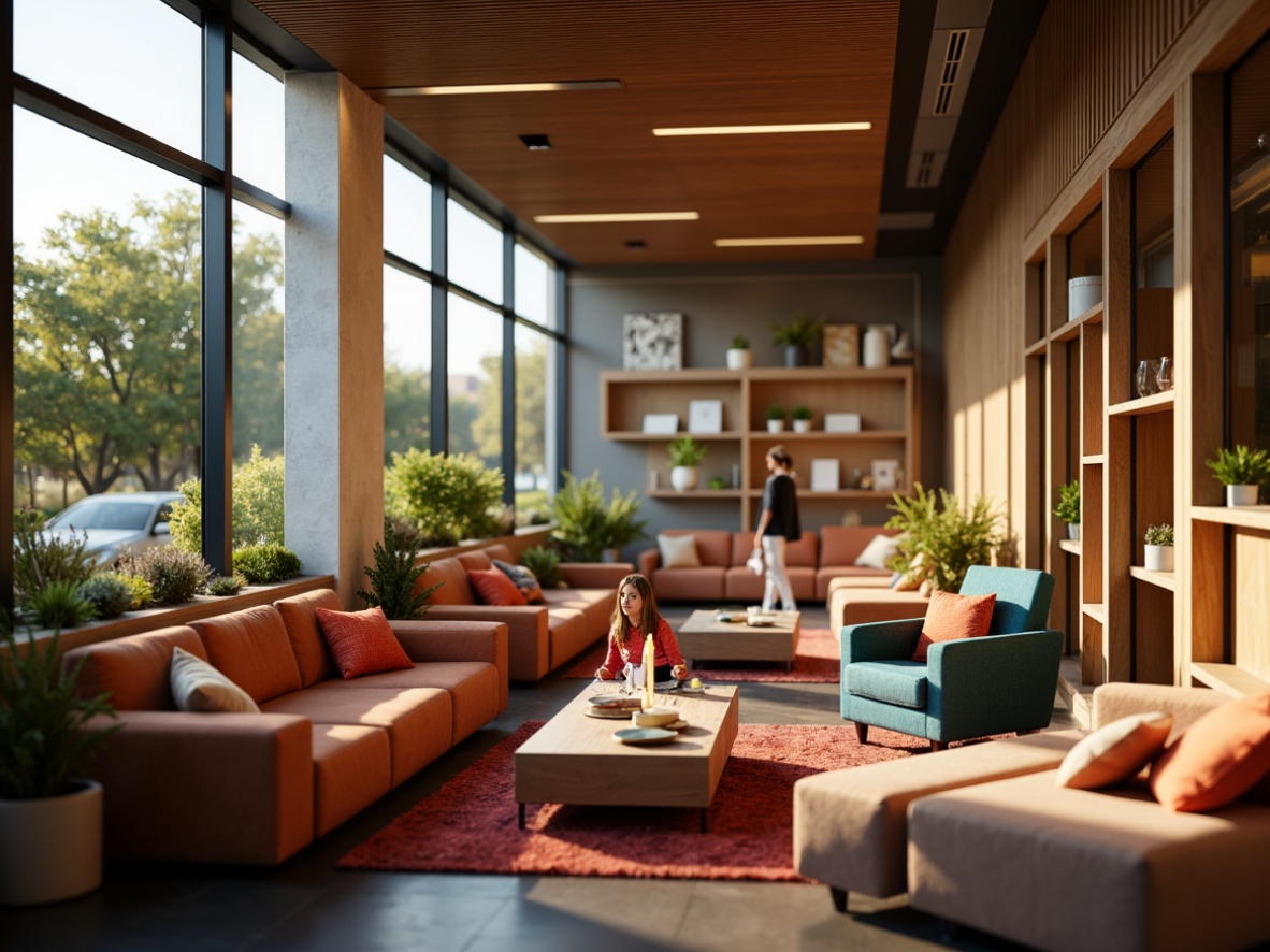 Prompt: Cozy student lounge, warm ambient lighting, soft glowing lamps, comfortable sofas, vibrant colorful throw pillows, natural wood accents, modern minimalist decor, large windows, transparent glass doors, sunny day, gentle warm illumination, shallow depth of field, 1/1 composition, realistic textures, ambient occlusion.