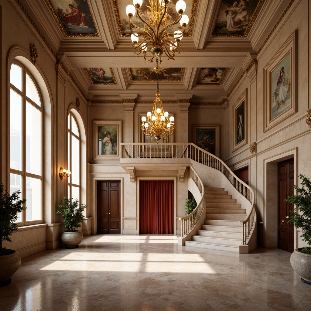 Prompt: Elegant museum fa\u00e7ade, ornate Baroque details, grand entrance hall, sweeping staircase, marble floors, intricate frescoes, ornamental chandeliers, refined Renaissance architecture, warm beige stonework, soft cream accents, rich walnut wood tones, lavish velvet drapes, subtle golden lighting, 1/2 composition, symmetrical framing, realistic stone textures, ambient illumination.