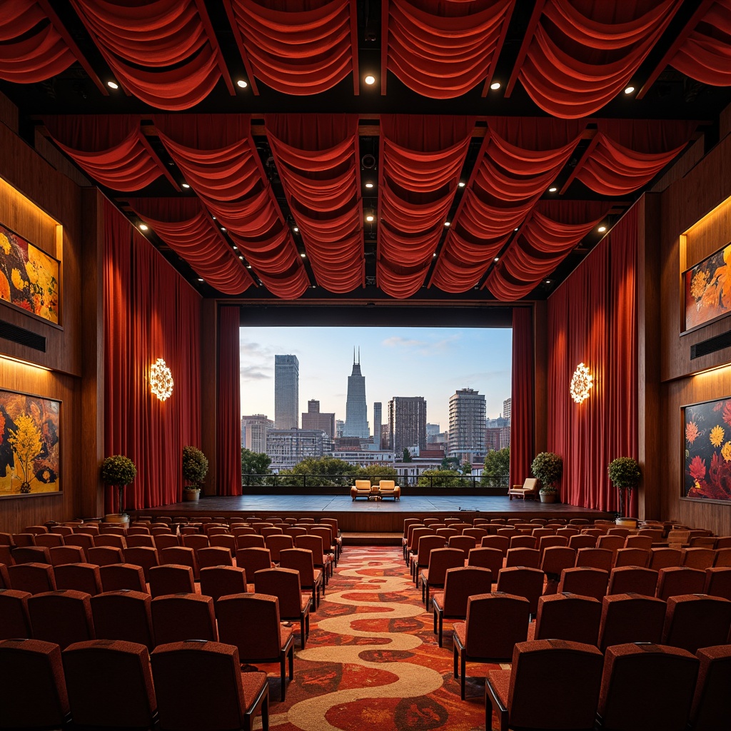 Prompt: Vibrant performing arts center, dynamic stage lights, rich wood tones, luxurious velvet curtains, polished metal accents, bold abstract patterns, eclectic art pieces, urban cityscape backdrop, evening sky ambiance, warm golden lighting, shallow depth of field, 1/2 composition, cinematic mood, realistic textures, ambient occlusion.