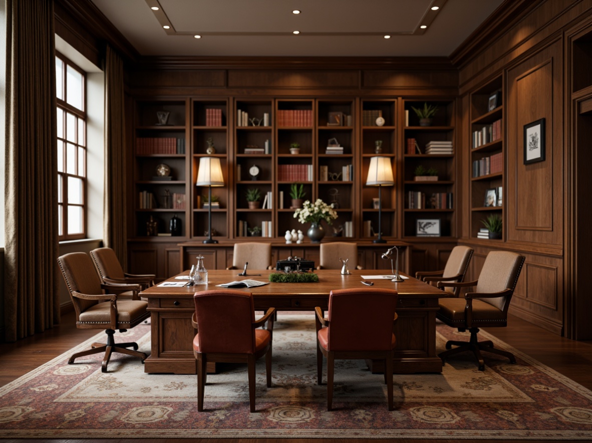 Prompt: Elegant wooden desks, vintage leather chairs, classic bookshelves, ornate metal lamps, rich velvet upholstery, stately conference tables, refined wood paneling, subtle stud detailing, sophisticated fabric patterns, muted earthy tones, soft warm lighting, shallow depth of field, 1/1 composition, realistic textures, ambient occlusion.