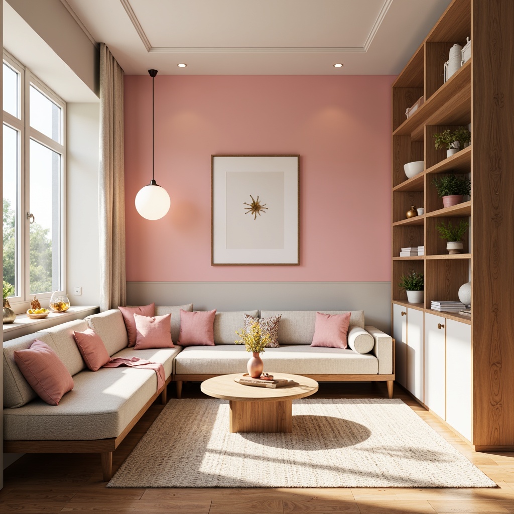 Prompt: Vibrant modern interior, pastel color scheme, soft pink accents, creamy whites, rich wood tones, metallic gold details, natural textiles, geometric patterns, minimalist decor, cozy atmosphere, warm lighting, shallow depth of field, 1/1 composition, realistic renderings.