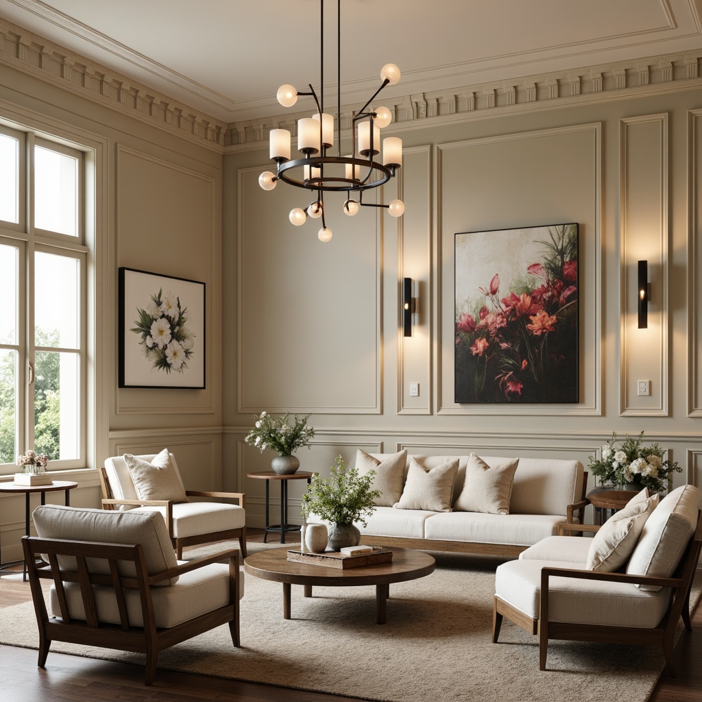 Prompt: Transitional living room, neutral color palette, warm beige walls, creamy white trim, modern furniture pieces, elegant chandeliers, sophisticated pendant lights, sleek metal fixtures, frosted glass shades, linen-textured lampshades, ambient soft lighting, cozy atmosphere, 1/1 composition, shallow depth of field, realistic textures, subtle reflections.