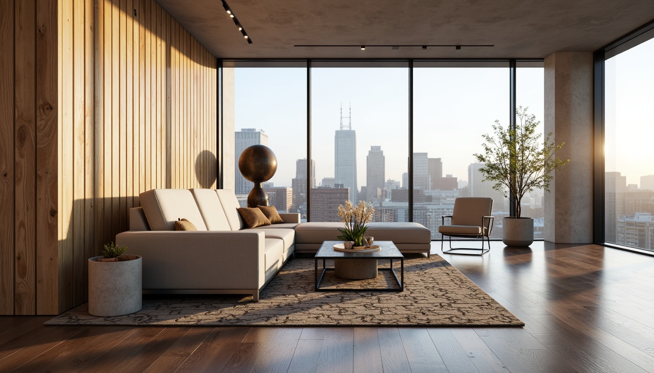 Prompt: Modern minimalist living room, sleek low-profile sofa, geometric-patterned rug, industrial metal coffee table, floor-to-ceiling windows, urban city view, soft warm lighting, 1/1 composition, realistic wood textures, ambient occlusion.