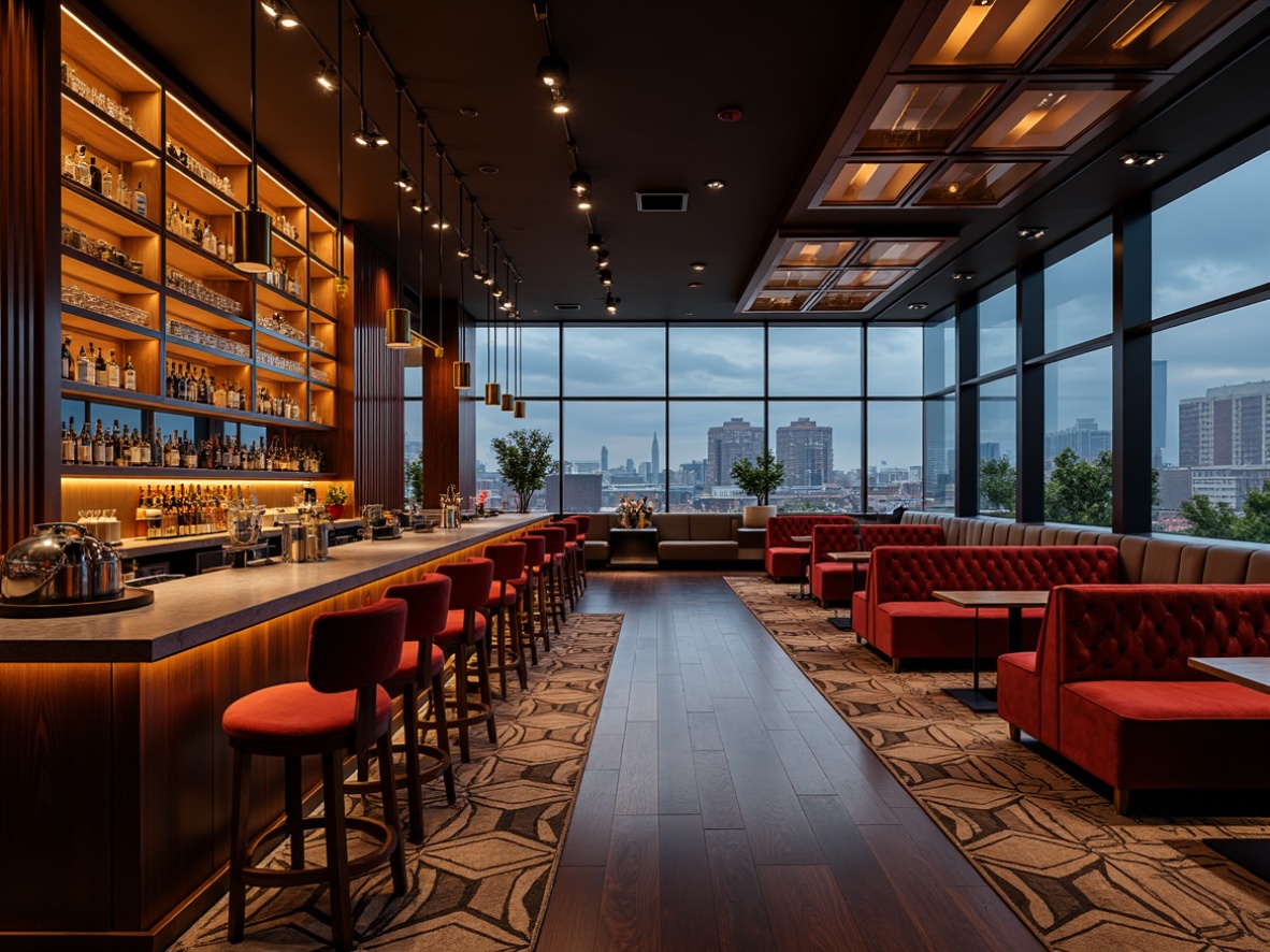 Prompt: Sleek modern bar interior, polished chrome lighting fixtures, minimalist suspended lamps, warm ambient glow, rich wood tones, luxurious velvet sofas, metallic accents, geometric patterned rugs, urban cityscape views, evening atmosphere, soft focused lighting, 1/2 composition, cinematic shading, realistic reflections.