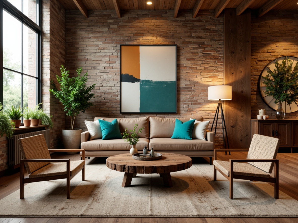 Prompt: Cozy living room, plush velvet sofa, reclaimed wood coffee table, natural stone walls, woven rattan armchairs, soft beige carpeting, warm golden lighting, earthy terracotta pots, lush green plants, metallic accents, industrial-chic decor, exposed brick walls, distressed leather ottoman, vibrant turquoise throw pillows, abstract geometric patterns, rich walnut cabinetry, ambient dimmable lighting, 1/1 composition, shallow depth of field, realistic textures.