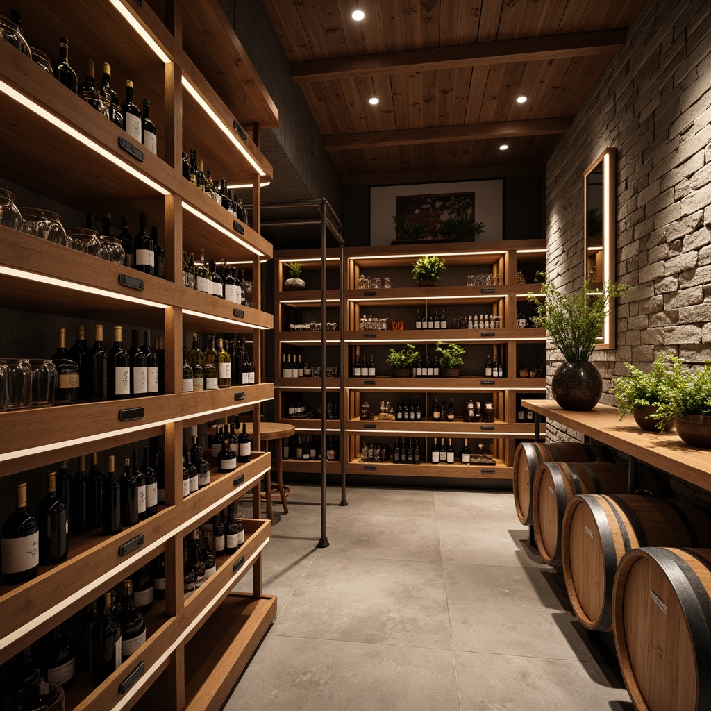 Prompt: Luxurious wine cellar, rich wood tones, steel accents, dimmable LED lighting, temperature-controlled environment, premium glassware, wine barrels, rustic stone walls, polished concrete floors, modern minimalist decor, sleek metal shelves, chrome door handles, sophisticated color scheme, ambient soft glow, shallow depth of field, 1/1 composition, realistic reflections.