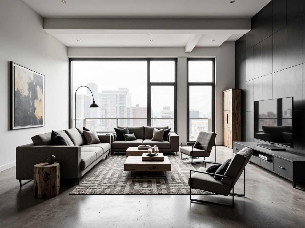 Prompt: Minimalist living room, low-profile sofas, sleek coffee tables, geometric-patterned rugs, industrial-chic metal chairs, reclaimed wood accents, matte-black TV stands, floor-to-ceiling windows, natural light pouring in, urban loft atmosphere, polished concrete floors, monochromatic color scheme, statement lighting fixtures, sculptural decor pieces, abstract artwork, cozy throw blankets, plush area rugs, organic-shaped side tables.