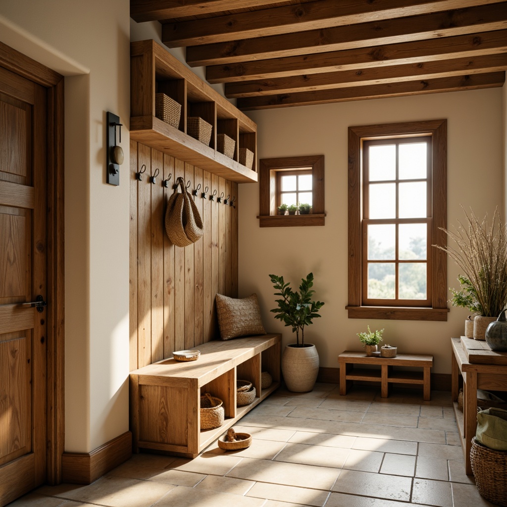 Prompt: Cozy mudroom, rustic wooden benches, earthy tone walls, warm beige floors, natural stone accents, woven baskets, vintage metal hooks, soft creamy lighting, shallow depth of field, 3/4 composition, realistic textures, ambient occlusion.