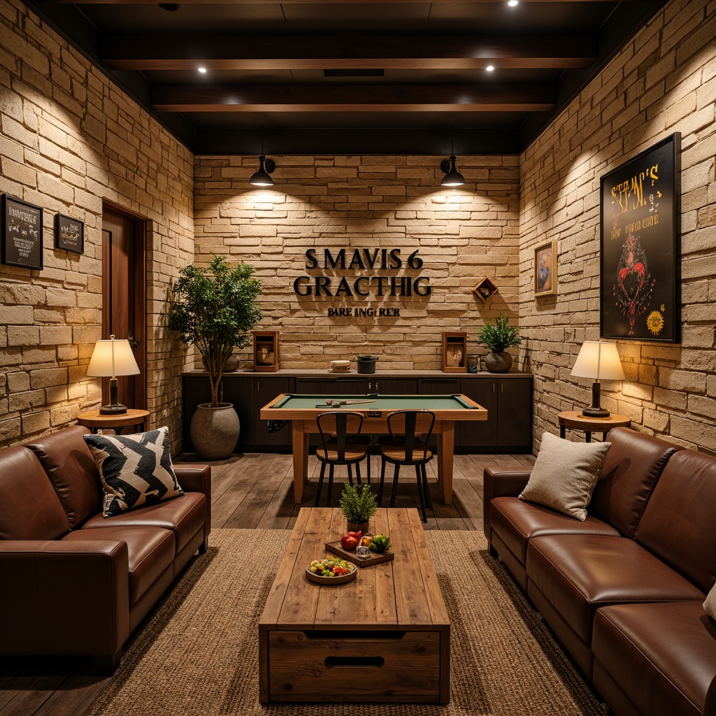 Prompt: Rustic game room, reclaimed wood accent walls, distressed stone finishes, earthy color palette, natural textures, wooden planks, vintage metal signs, industrial lighting fixtures, comfortable seating areas, cozy atmosphere, warm candlelight, rich leather upholstery, wooden crate coffee tables, woven wicker furniture, abstract geometric patterns, warm beige tones, softbox lighting, 1/2 composition, shallow depth of field.