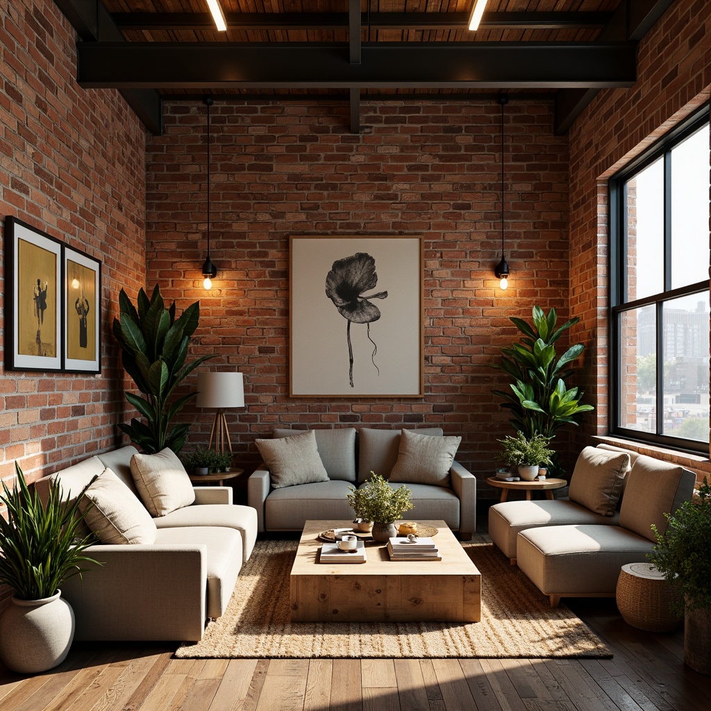 Prompt: Warm industrial loft, exposed brick walls, distressed wood floors, metal beams, reclaimed wooden accents, soft warm lighting, cozy seating areas, lush greenery, natural textiles, earthy color palette, organic shapes, eclectic decorative items, vintage furniture pieces, modern minimalist decor, abstract artwork, shallow depth of field, 3/4 composition, realistic textures, ambient occlusion.