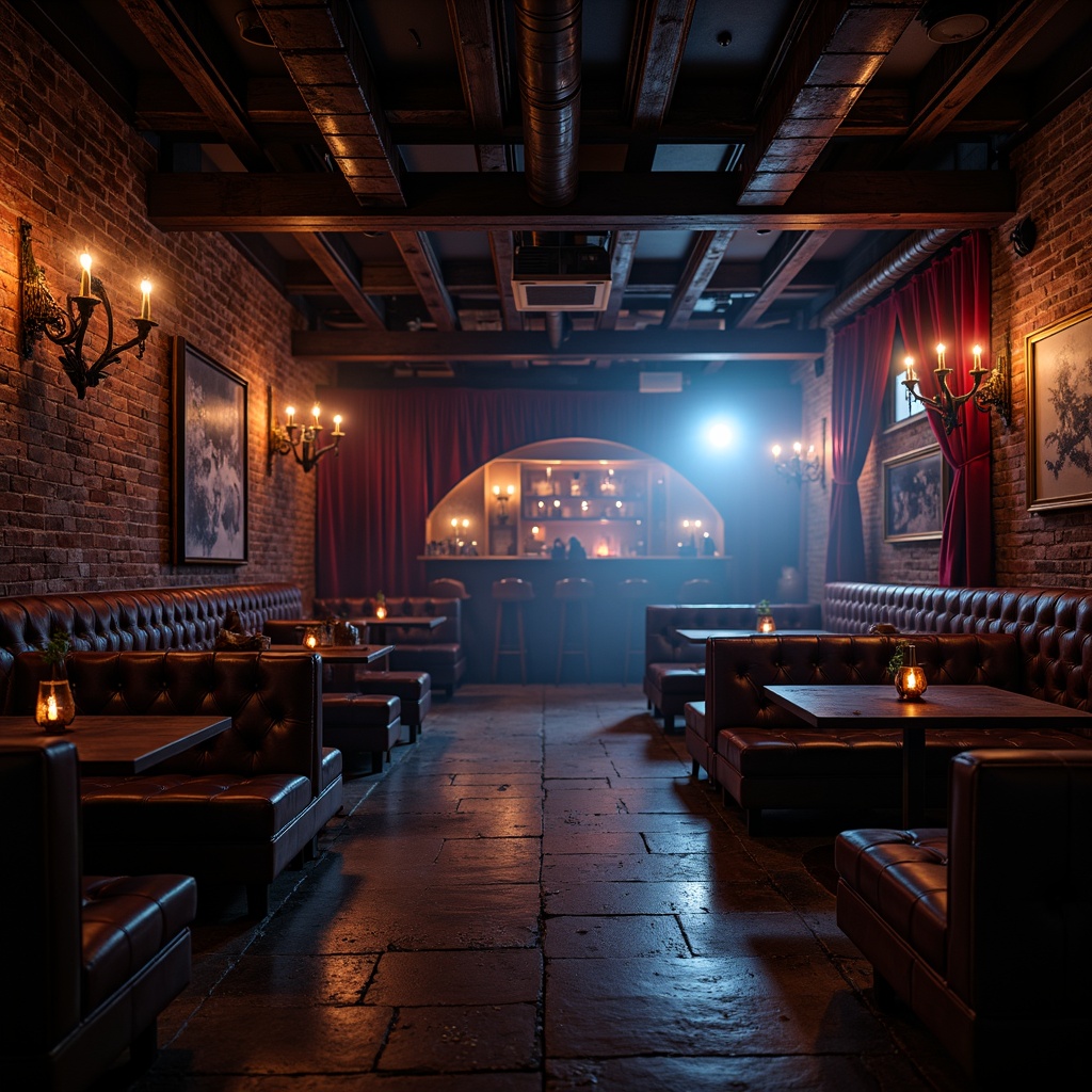 Prompt: Dimly lit nightclub, rugged wooden accents, exposed brick walls, distressed leather upholstery, metallic studs, industrial lighting fixtures, reclaimed wood floors, vintage decorative items, rich velvet drapes, intimate seating areas, warm candlelight, mysterious fog effects, deep blues and reds color scheme, low-key ambiance, dramatic shadows, 1/2 composition, atmospheric smoke effects, cinematic lighting, detailed textures, high-contrast rendering.