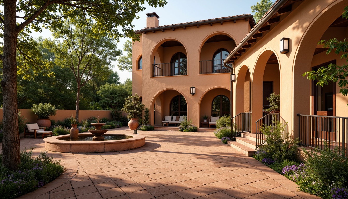 Prompt: Warm Mediterranean villa, ornate terracotta tiles, rustic stone walls, curved archways, grand wooden doors, wrought iron balconies, colorful ceramic vases, lush greenery, blooming flowers, tranquil fountain, soft warm lighting, shallow depth of field, 3/4 composition, panoramic view, realistic textures, ambient occlusion.